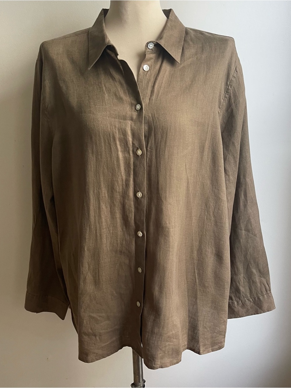 J Jill 100% Linen Button Front Khaki Shirt Coastal Grandma Minimalist Size XL